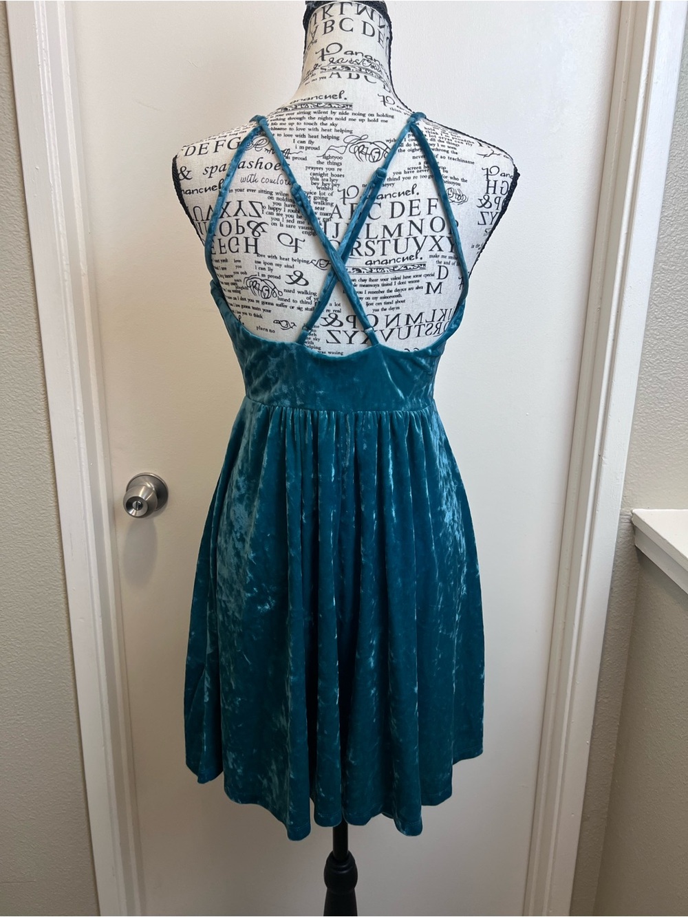 Teal Crushed Velvet Skater Dress Fairycore Whimsigoth Small Wedding guest dress - Picture 5 of 8